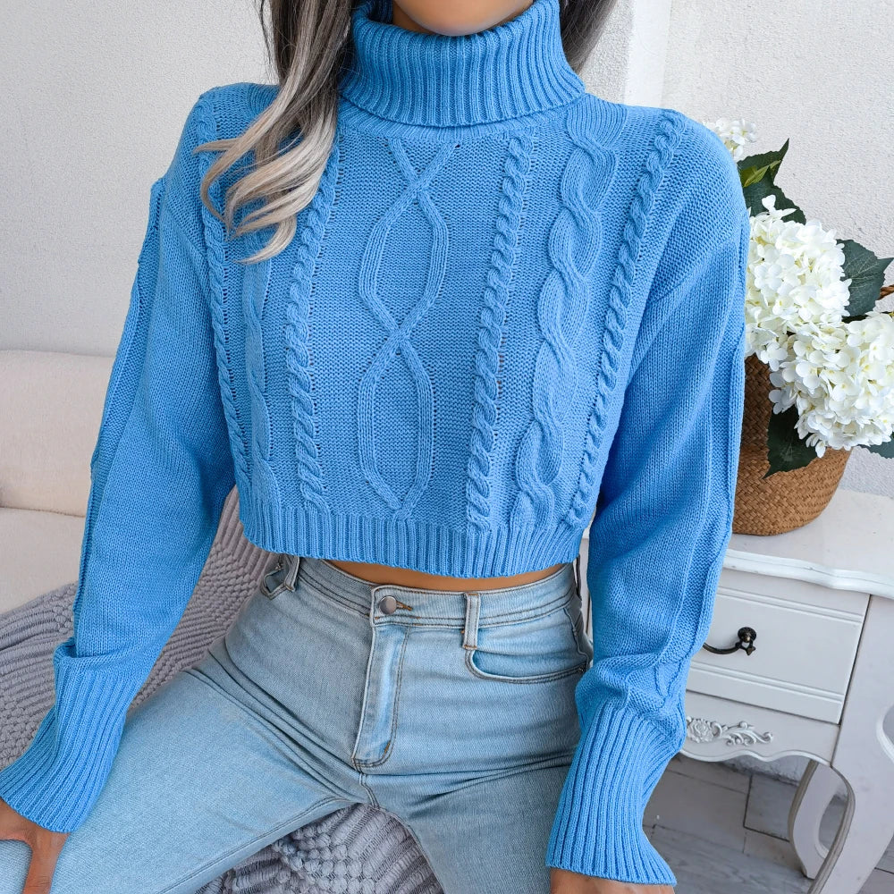 Women’s Long Sleeve Turtleneck Sweater – Casual Knitted Cropped Top
