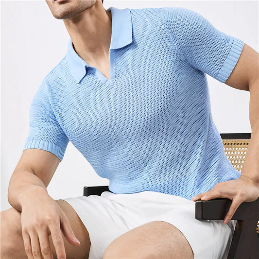 Men's Slim Fit Knitted Polo T-Shirt with V-Neck