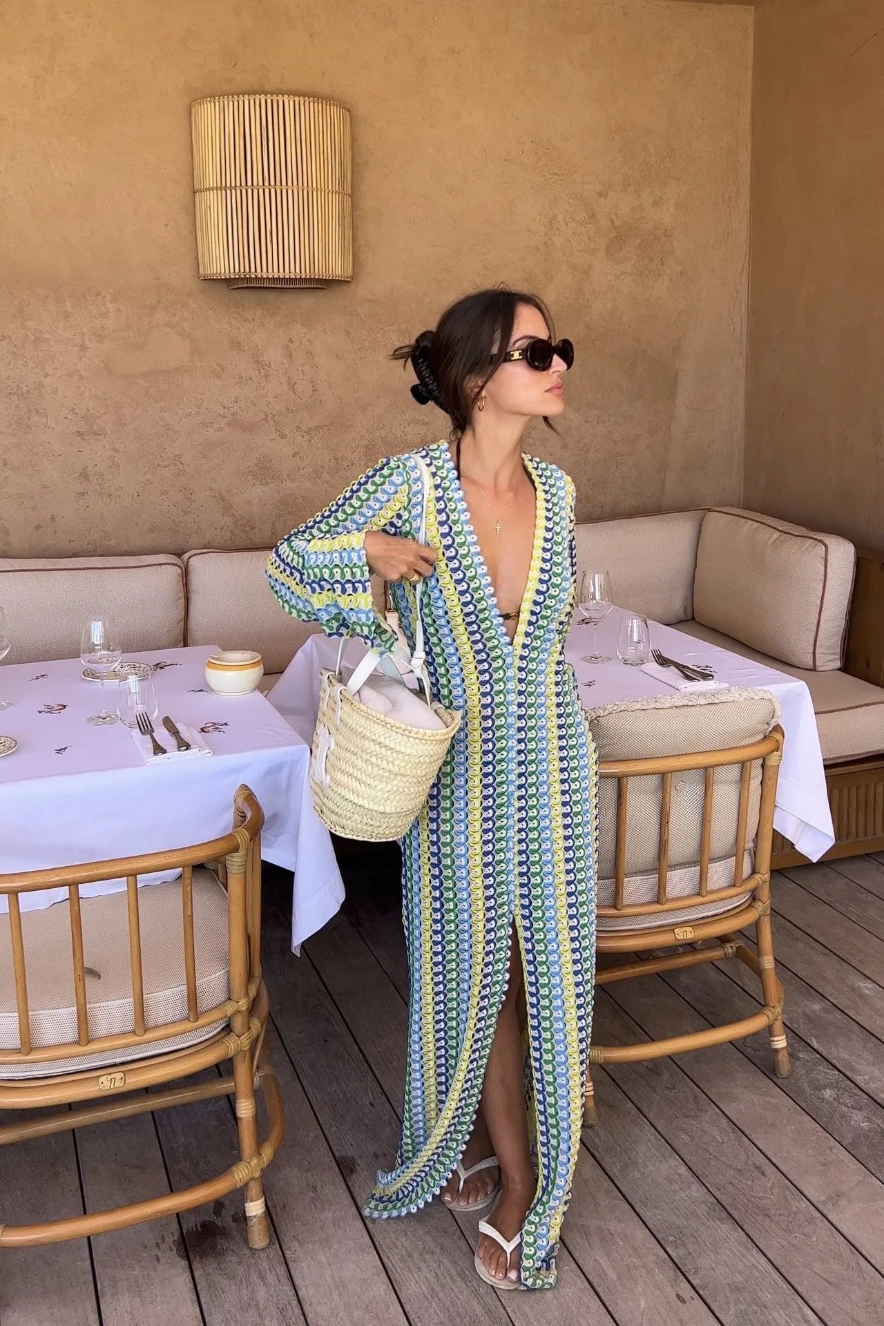 Striped Maxi Dress for Women with Flare Sleeves and High Split
