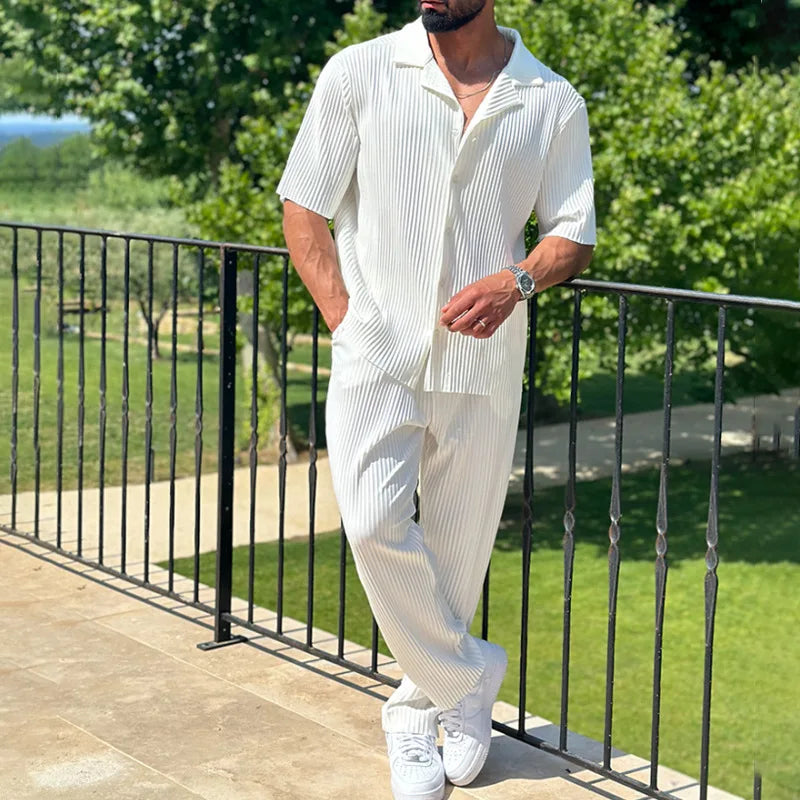 Men's Casual Two-Piece Set - Loose Fit Button-Open Shirt & Breathable, Lightweight Pants
