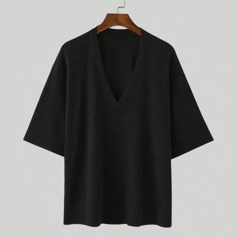 Men's V-Neck Short Sleeve Casual Slim Fit Ribbed T-Shirt