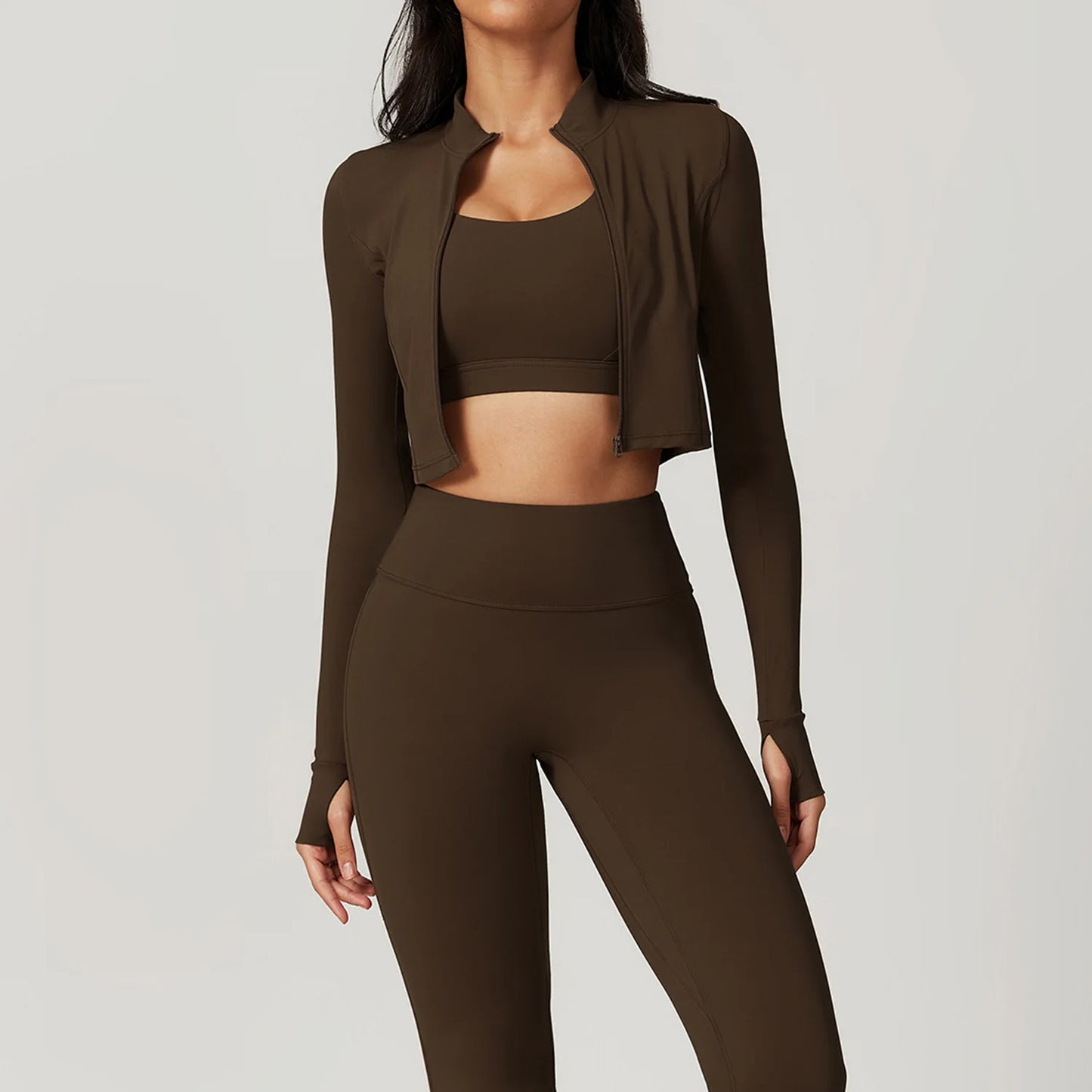 3-Piece Women's Workout Sets | Sportswear Gym Clothing with Zipper Long Sleeve Top & High-Waisted Leggings