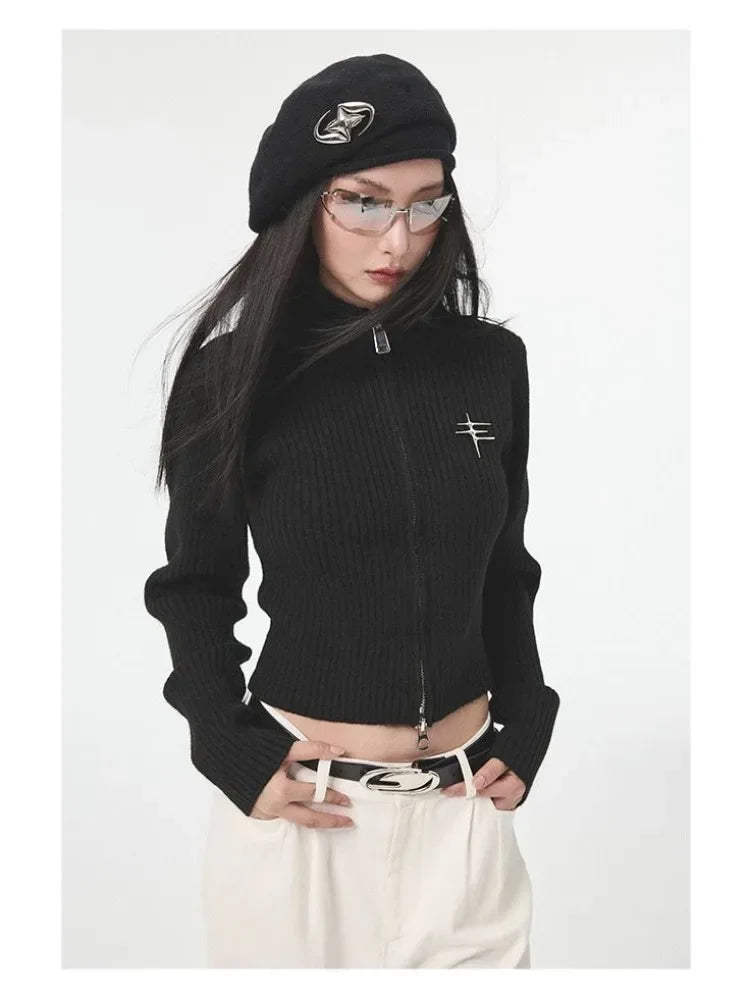 Women's Vintage Zipper Cardigan - Cropped Knit Sweater for Women