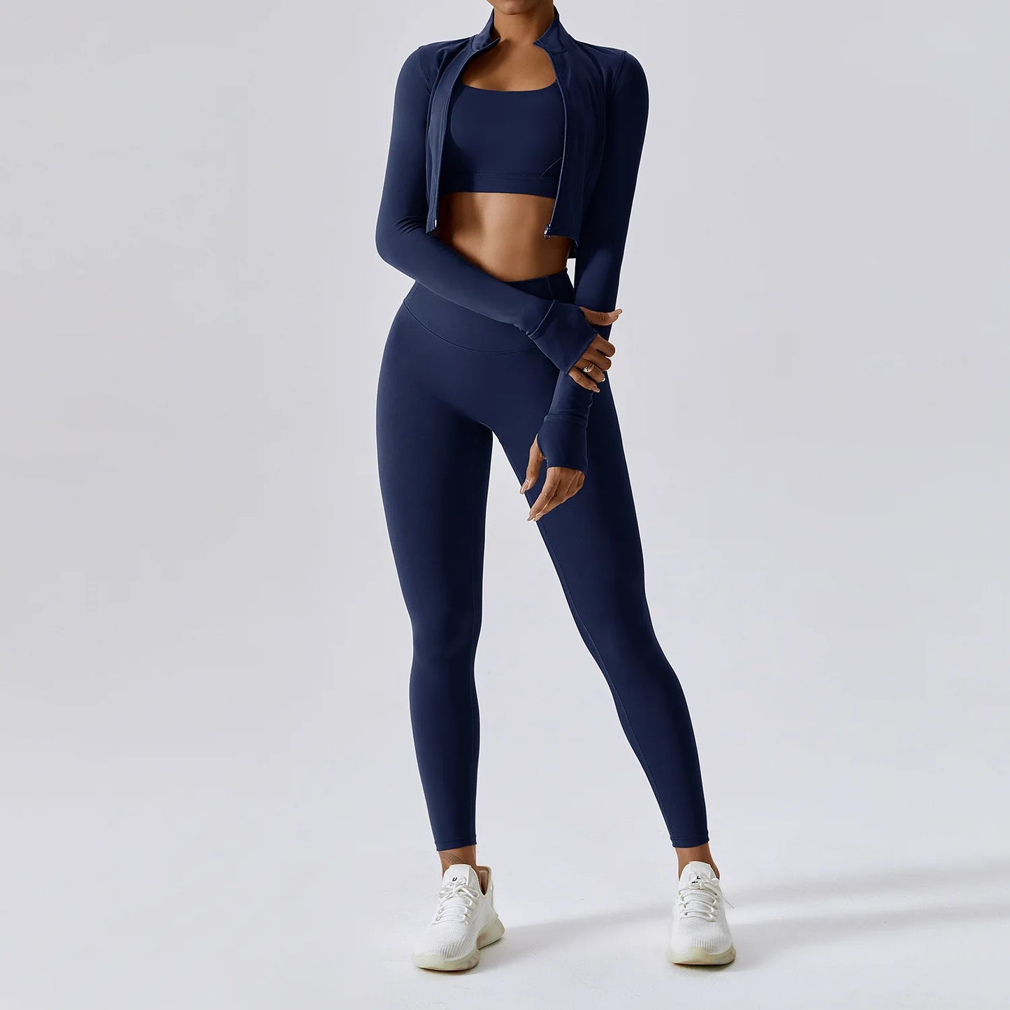 3-Piece Women's Workout Sets | Sportswear Gym Clothing with Zipper Long Sleeve Top & High-Waisted Leggings