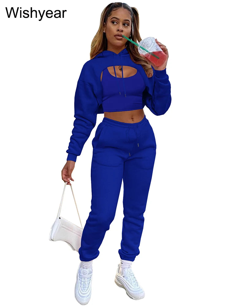 Wisyear Women's 3-Piece Velvet Tracksuit Set - Crop Hoodie, Vest, and Sweatpants Matching Outfit