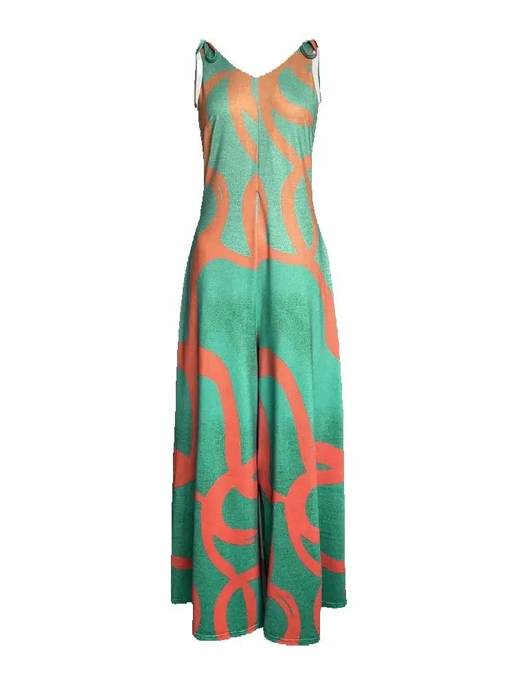 Women's Floral Print V-Neck Dress with Lace-Up Detail & Wide Leg Fit