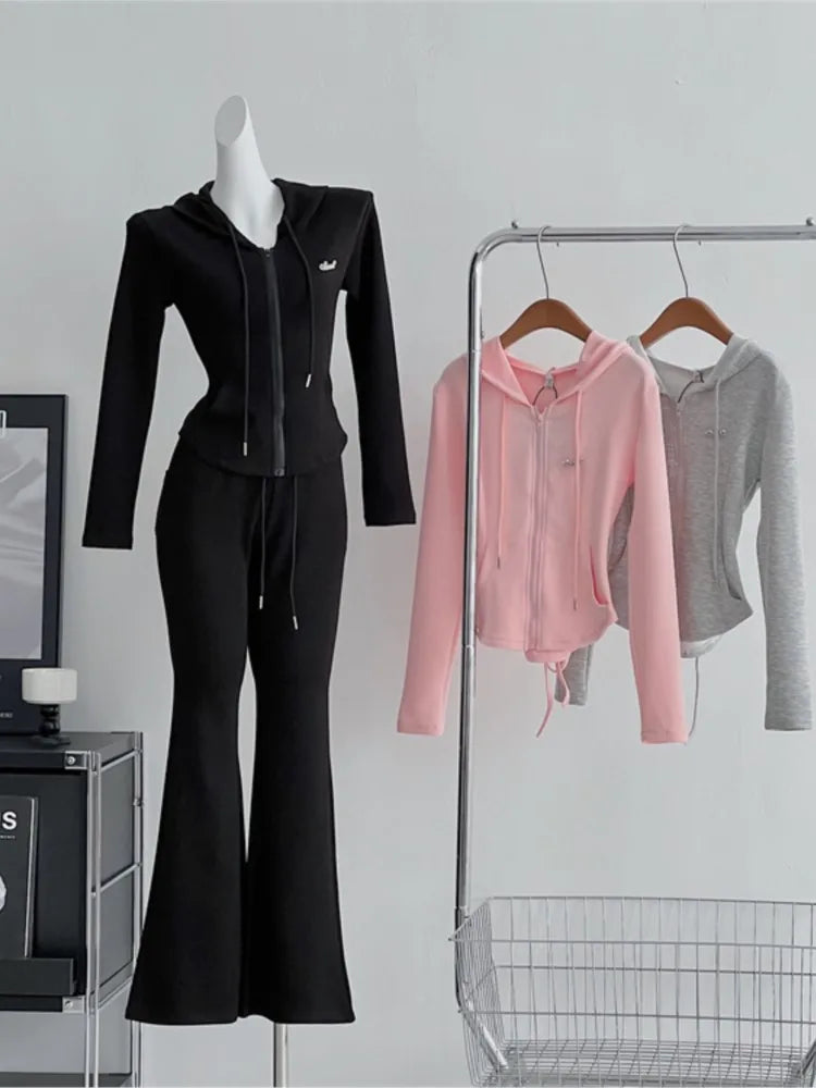 Women's Hooded Zipper Jacket and Drawstring Wide Leg Pants Two-Piece Tracksuit Set