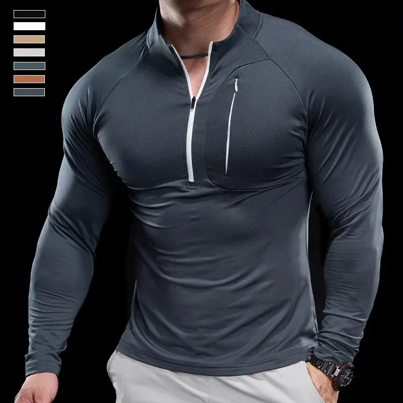 Men's Fitness Breathable Quick-Dry Long-Sleeve Half-Zip Round Neck Sweater
