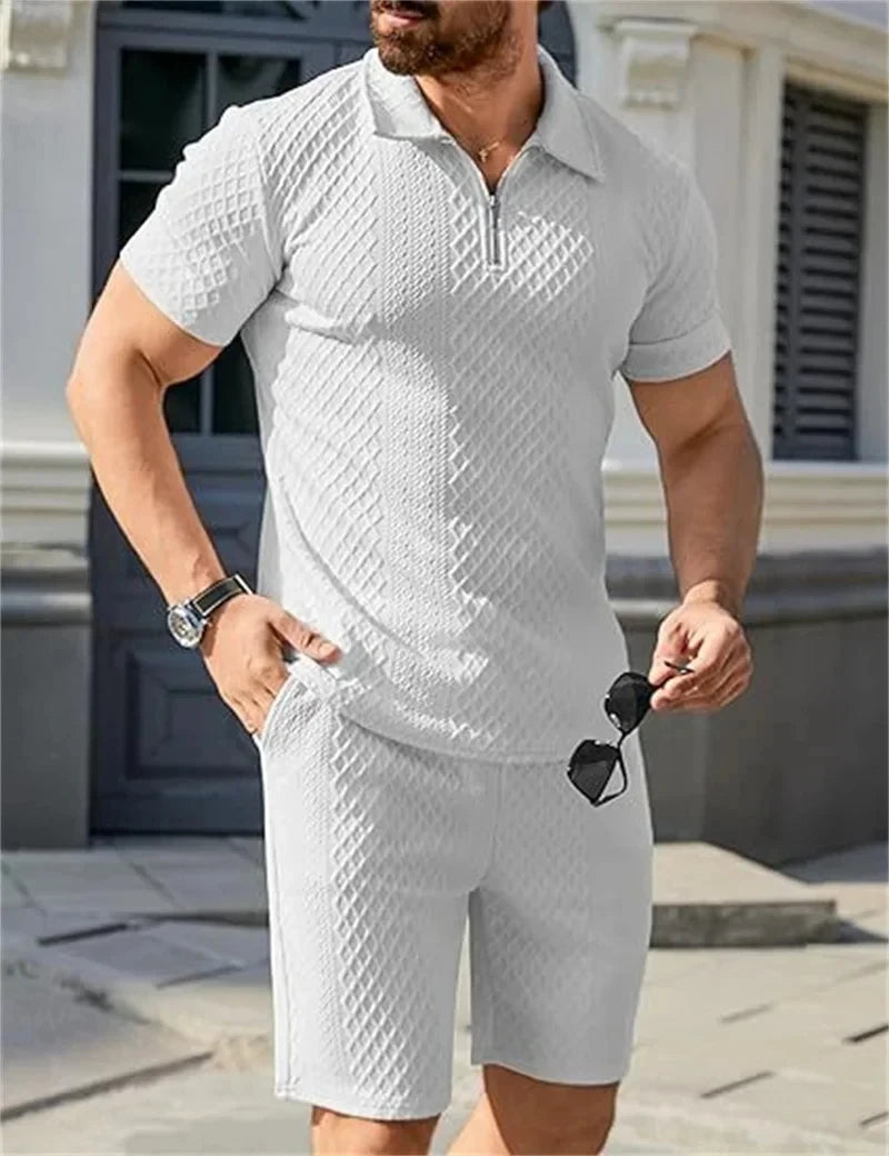 Men's Two-Piece Jacquard Polo Set - Half Zip Polo T-Shirt & Shorts Combo for Men