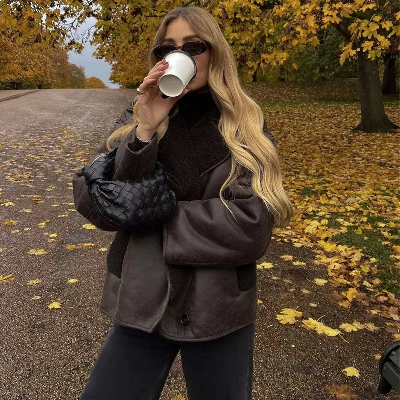 Women's Faux Fur Leather Jacket - Wool Blend Long Sleeve Warm Coat