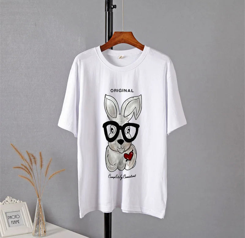 Elegant Rabbit Cartoon Printed Oversized Cotton T-Shirt for Women – Casual Style by Hirsionsan