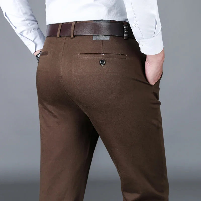 Classic Men's High-Waist Stretch Cotton Straight Trousers