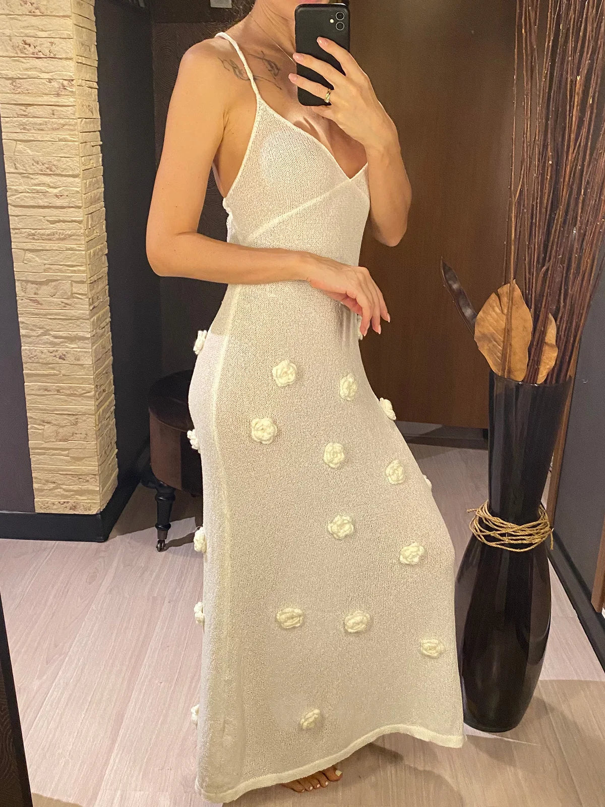 Women's Elegant 3D Flower Knitted Maxi Dress with Lace-Up Design