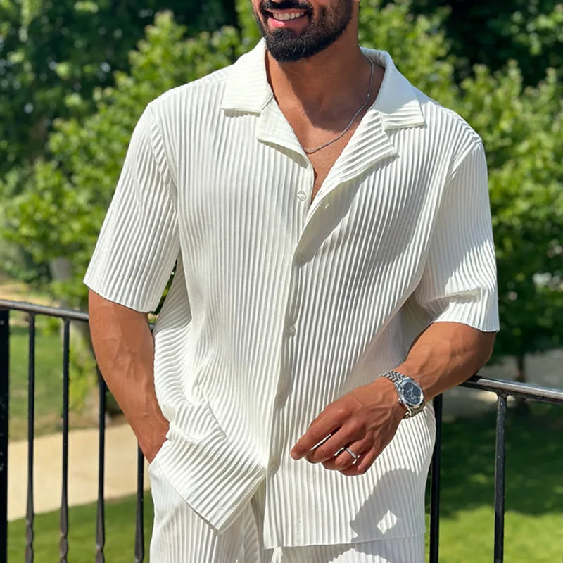 Men's Casual Two-Piece Set - Loose Fit Button-Open Shirt & Breathable, Lightweight Pants