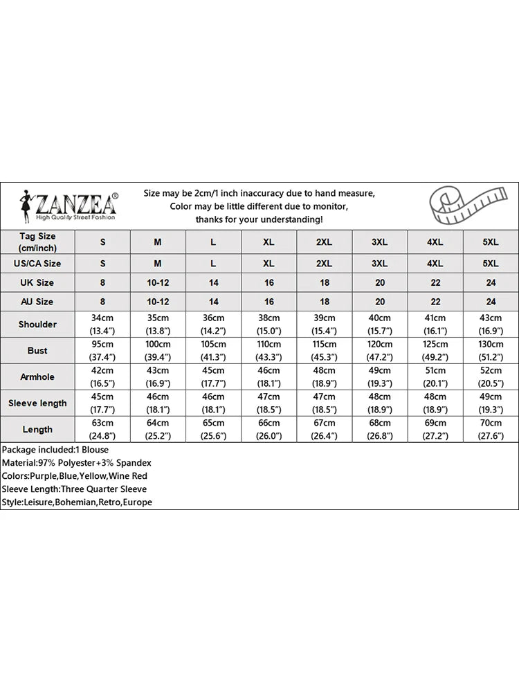 ZANZEA Women's Elegant Color-Blocked 3/4 Puff Sleeve Blouse