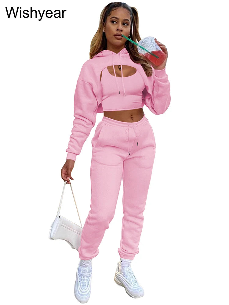 Wisyear Women's 3-Piece Velvet Tracksuit Set - Crop Hoodie, Vest, and Sweatpants Matching Outfit