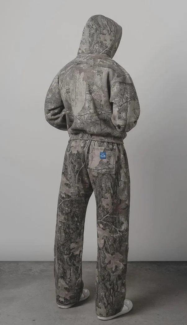 Oversized Camo Pattern Hooded Jacket and Elastic Waist Pants Set for Men