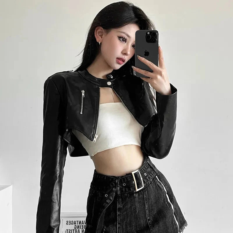 Women's PU Leather Cropped Slim Fit Zipper Jacket
