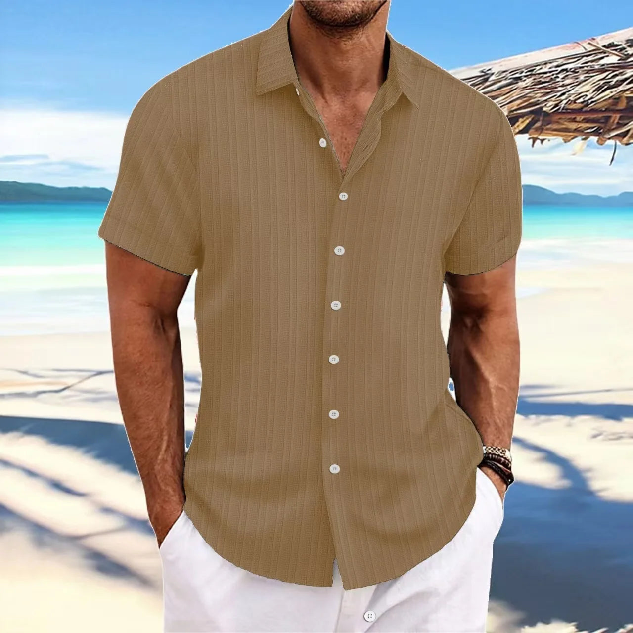 Men's Short-Sleeved Button-Up Shirt with Jacquard Wave Stripe Design