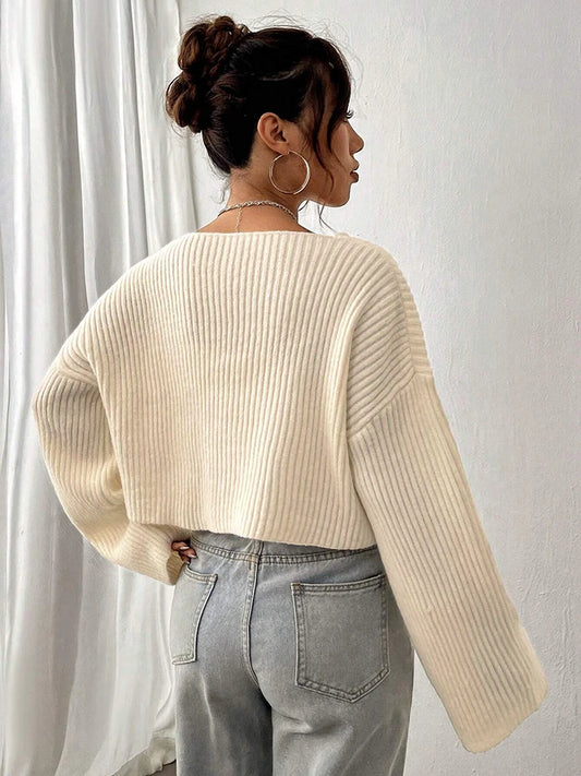 Women's V-Neck Knitted Stiped Sweater with Loose Fit