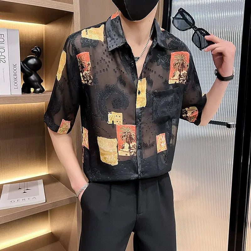 Men's Short Sleeve Floral Shirt - Loose Fit, Jacquard Design, Breathable Ice Silk