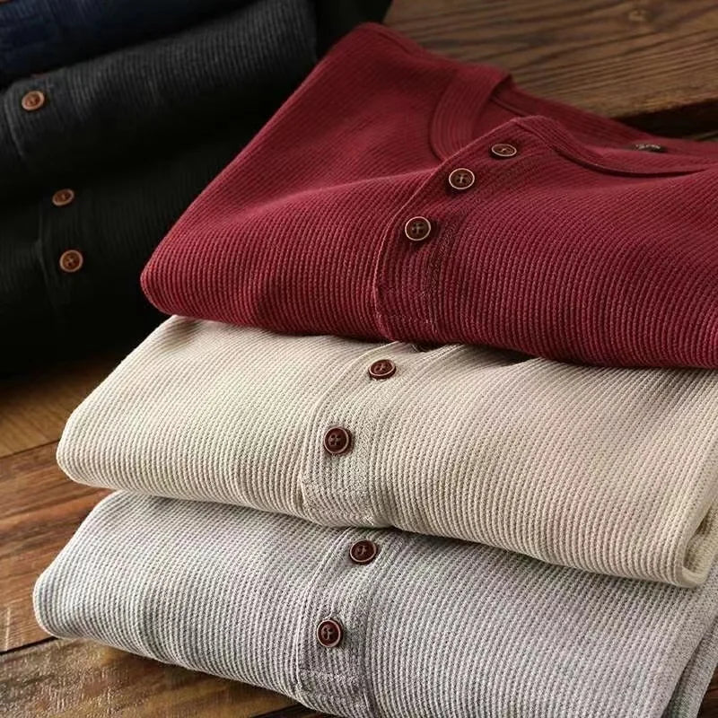 Slim Fit Men's Henley Long Sleeve Shirt – Breathable Cotton, Half Button Design