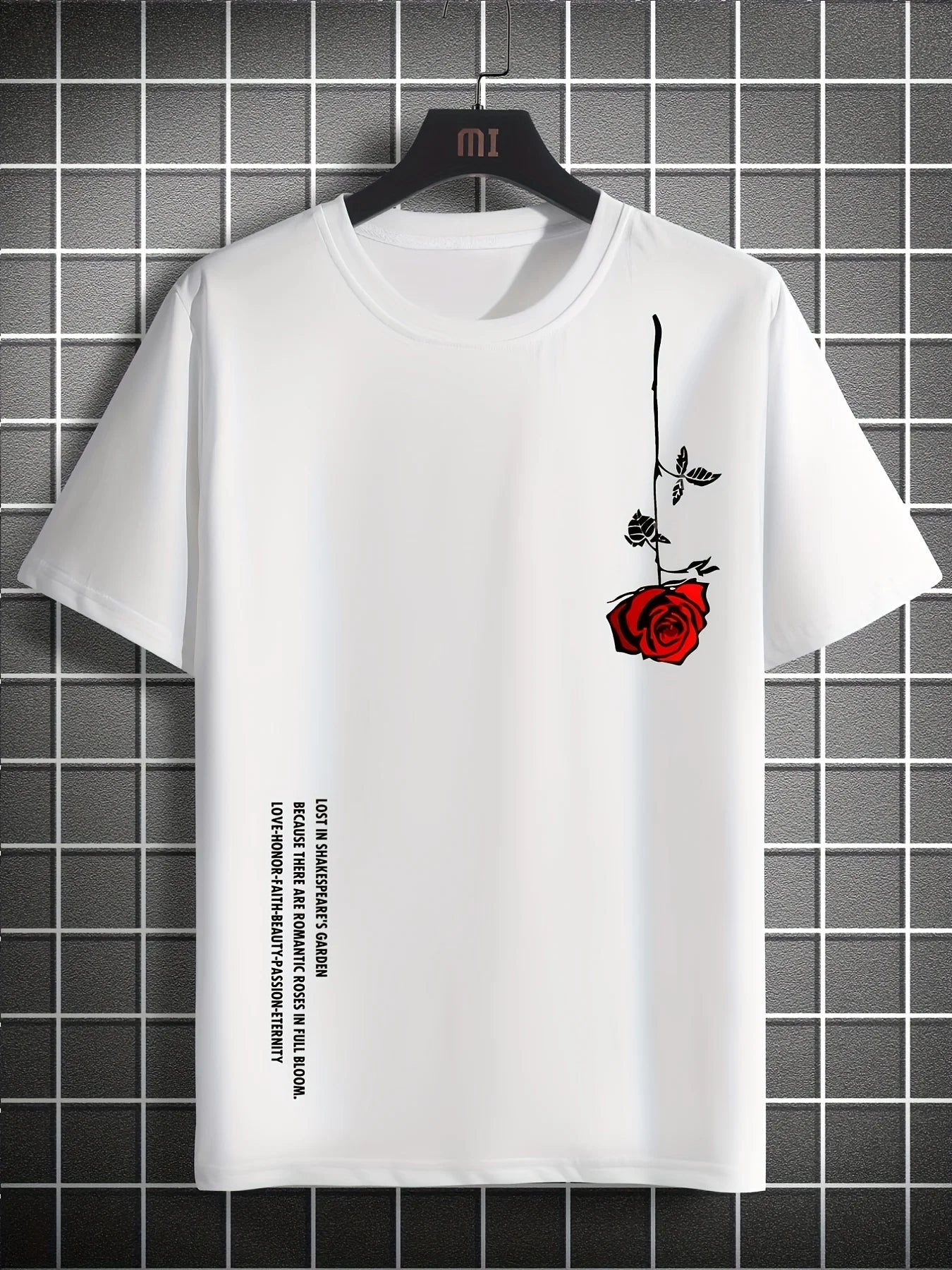 Men's Slim Fit Casual T-Shirt – 100% Cotton Rose Print Short Sleeve Round Neck Tee