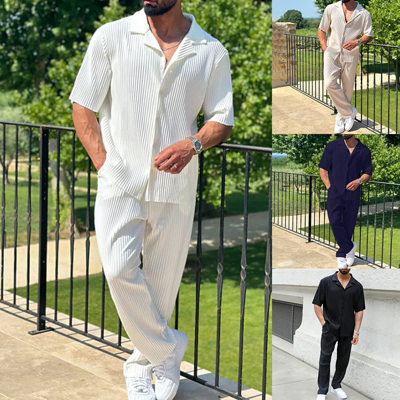 Men's Casual Two-Piece Set - Loose Fit Button-Open Shirt & Breathable, Lightweight Pants