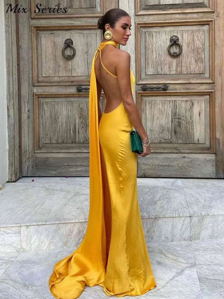 Elegant Backless Long Satin Halter Neck Dress for Women