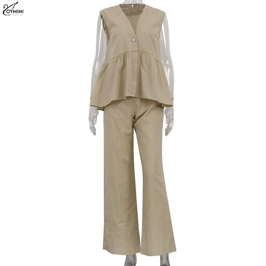 Women's 2-Piece Blue Cotton Linen Set: V-Neck Backless Halter Lace-Up Vest and Straight Pants