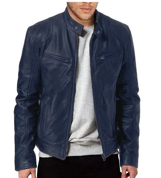 Men's Slim Fit Faux Leather Motorcycle Jacket - Short Lapel PU Coat with Zipper