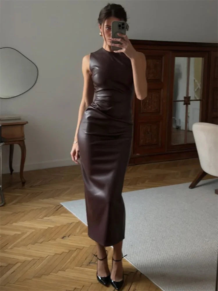 Women's PU Leather Maxi Dress - High Waist, Sleeveless, Slim Fit