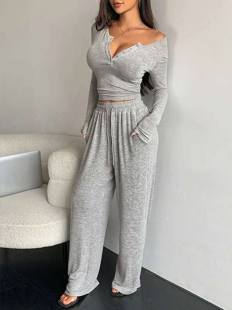 Women's Crop Top and Drawstring Pants Set - Two Piece Outfit