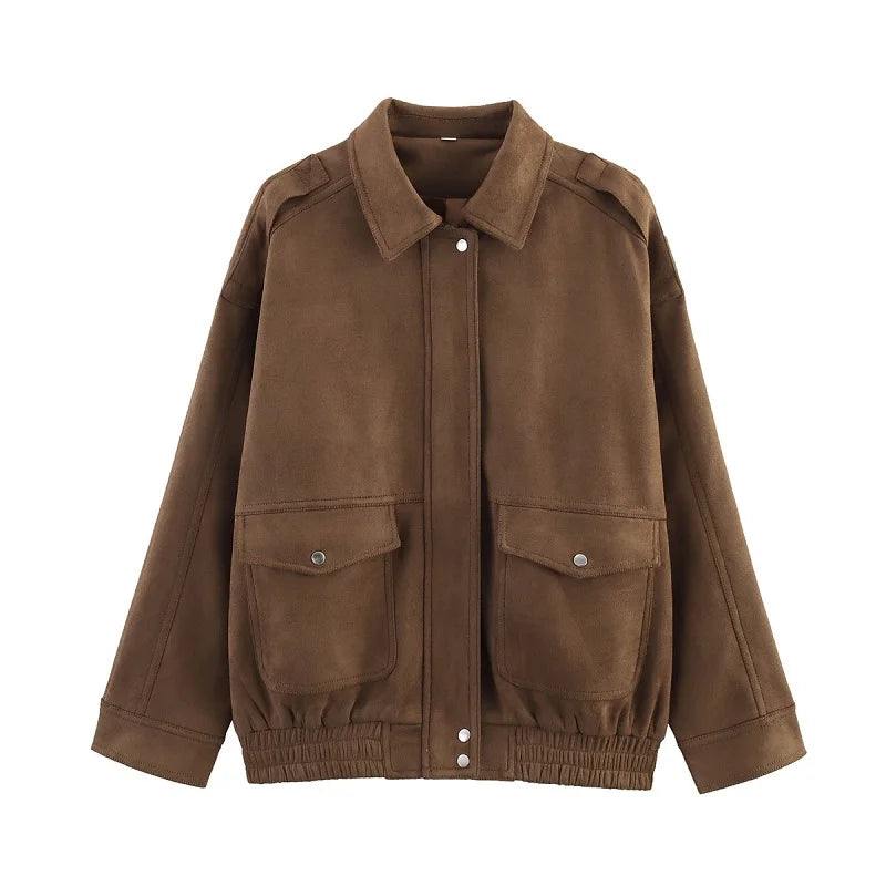 Stylish Women's Faux Suede Bomber Jackets with Zipper