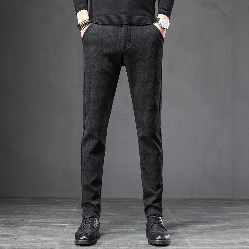 Men's Slim Fit Elastic Waist Brushed Plaid Pants