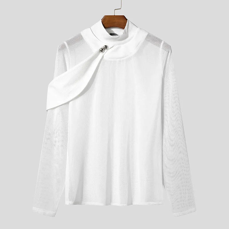 INCERUN Men's Mesh Splicing High Neck Sweater - Thin & Textured Knitwear