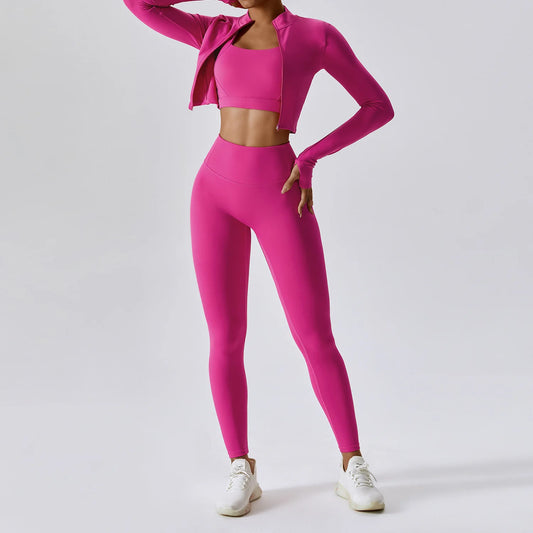 3-Piece Women's Workout Sets | Sportswear Gym Clothing with Zipper Long Sleeve Top & High-Waisted Leggings