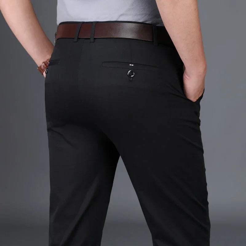 Classic Men's High-Waist Stretch Cotton Straight Trousers