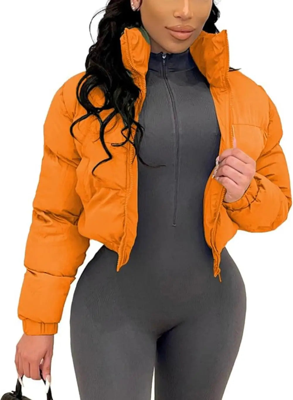 Women's Cropped Puffer Jacket - Casual Zip-Up Cotton Jacket with Padding