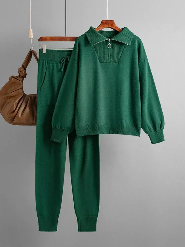 Women's Knitted Sweater and Pants Set - Versatile 2-Piece Outfit