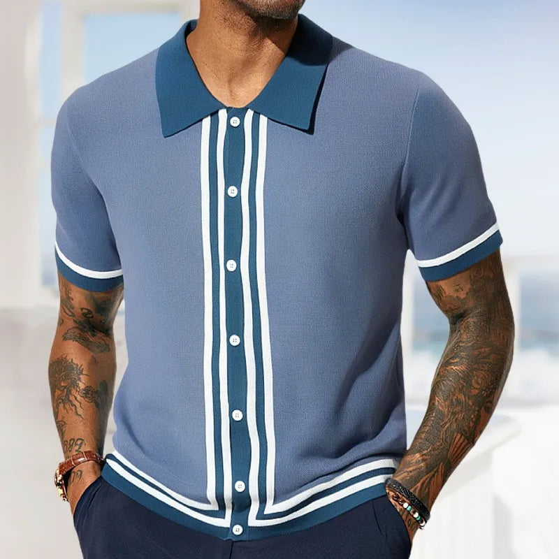 Men's Breathable Striped Knit Patchwork Polo Shirt - Short Sleeve Button-Up