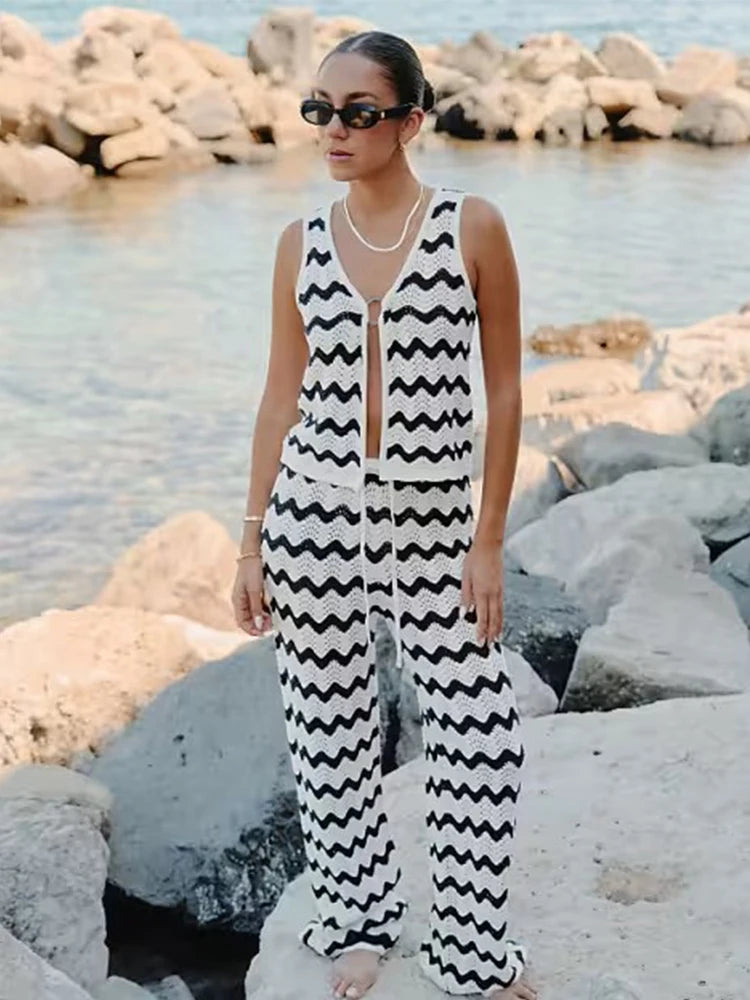 Chic Women's Knit Pants and Lace Vest Top Set - Striped Streetwear Outfit
