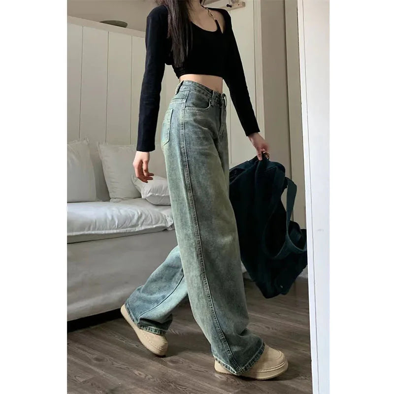 Vintage Wide Leg Jeans for Women - High Waist Loose Straight Fit Denim Pants