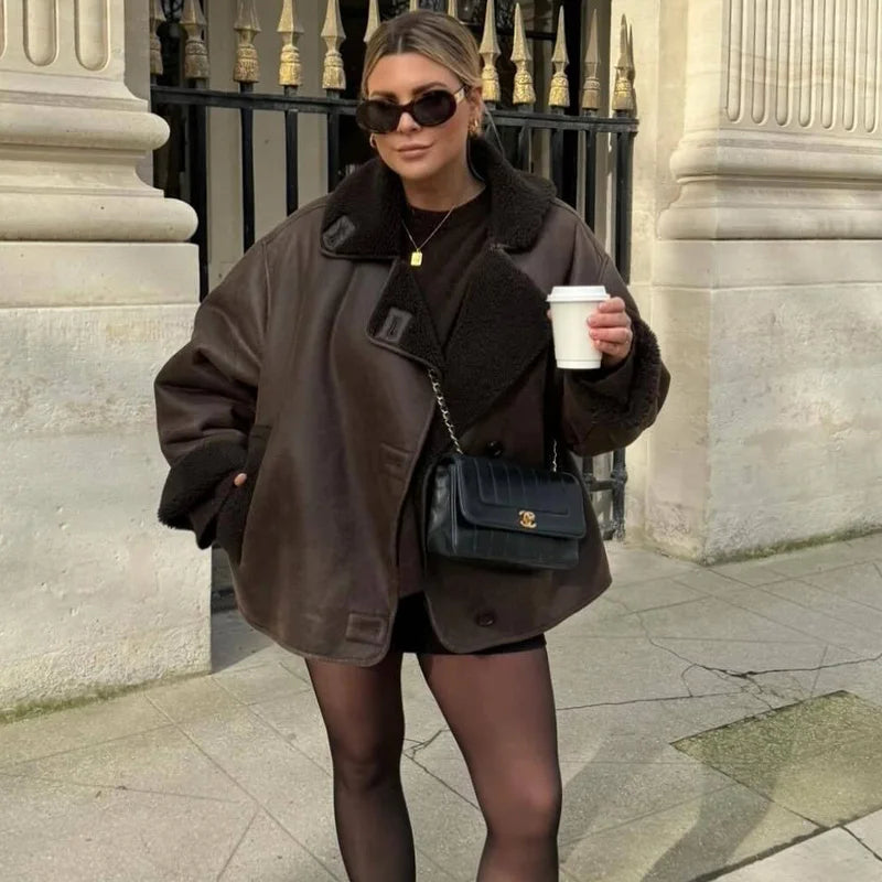 Women's Faux Fur Leather Jacket - Wool Blend Long Sleeve Warm Coat