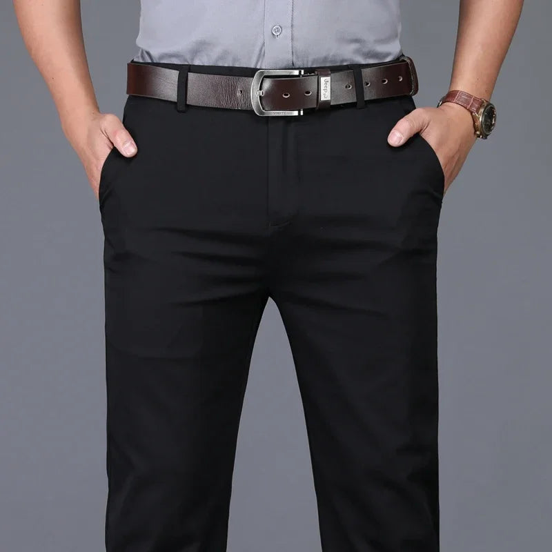 Classic Men's High-Waist Stretch Cotton Straight Trousers
