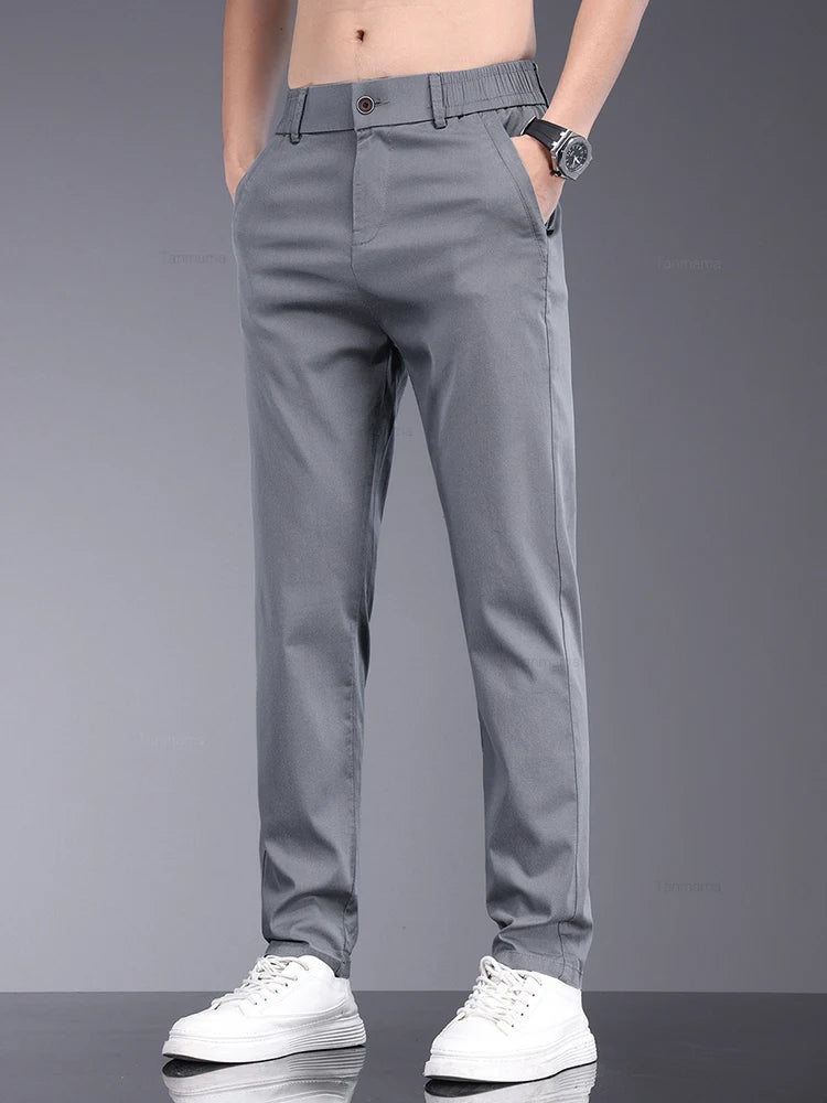 Men's Slim Straight Trousers - Soft, Thin, Bamboo Fiber Fabric with Elastic Stretch