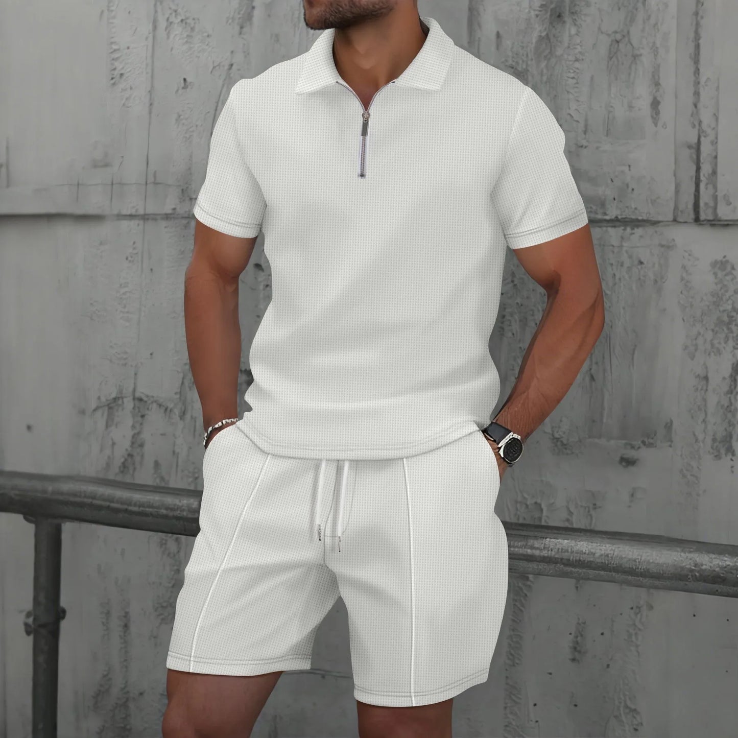 Men's Two-Piece Zip-Up Lapel T-Shirt and Shorts Set - Casual Summer Activewear