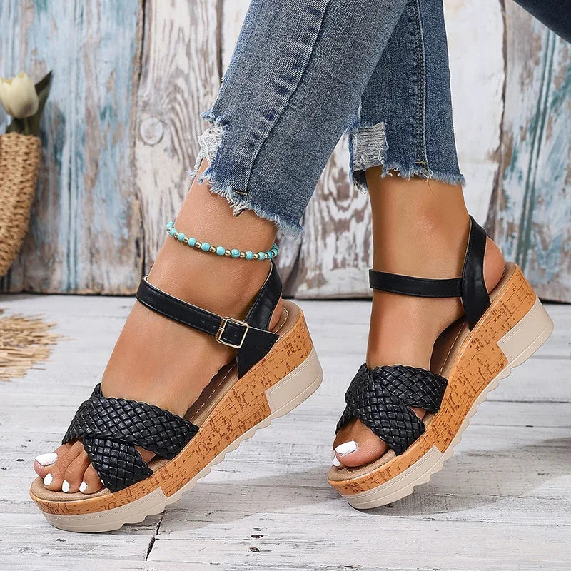 Stylish Woven Ankle Strap Wedge Sandals for Women – Braided Platform Heels with Thick Sole