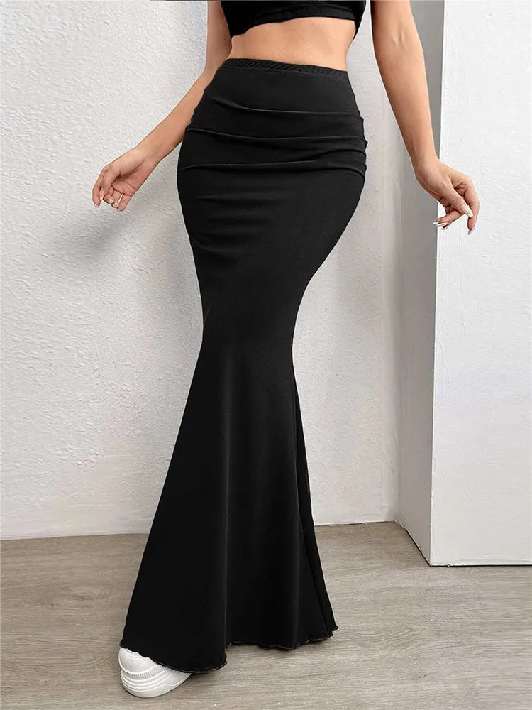 Elegant Women's High Waist Ruched Maxi Skirt – Comfortable Elastic Long Skirt