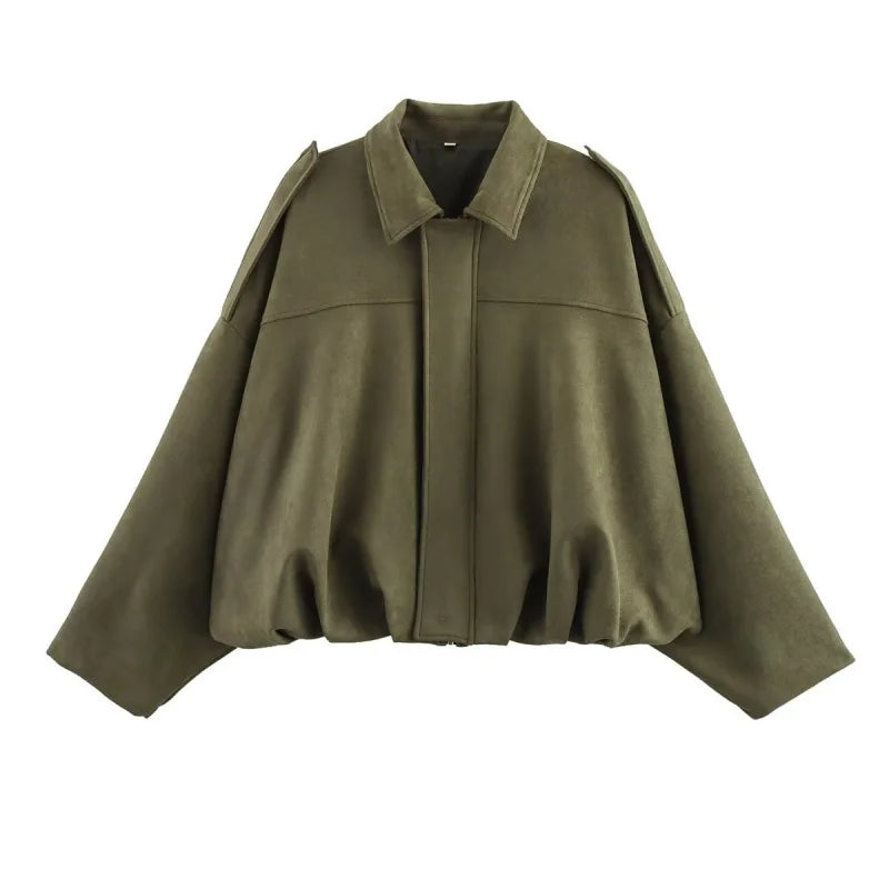 TRAF Womens Faux Suede Bomber Jacket with Loose Lapel